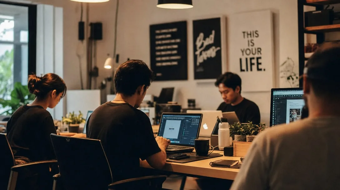 Tim Folkastudio bekerja bersama di studio