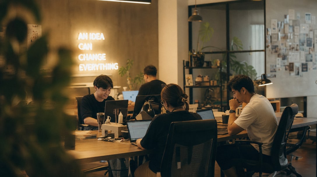 Tim Folkastudio berdiskusi dan bekerja bersama di studio