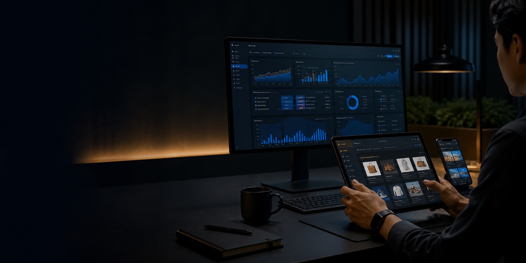 Studio digital Folkastudio dengan dashboard produk di layar utama