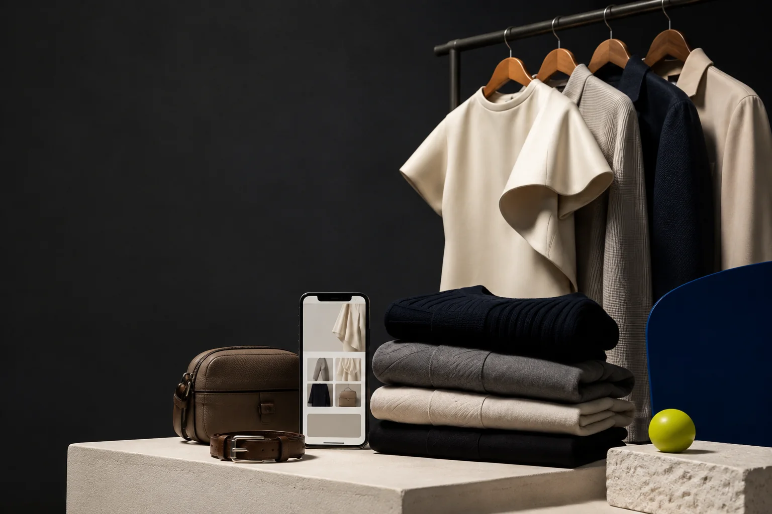 Display fashion editorial dengan koleksi pakaian, aksesori, dan smartphone katalog