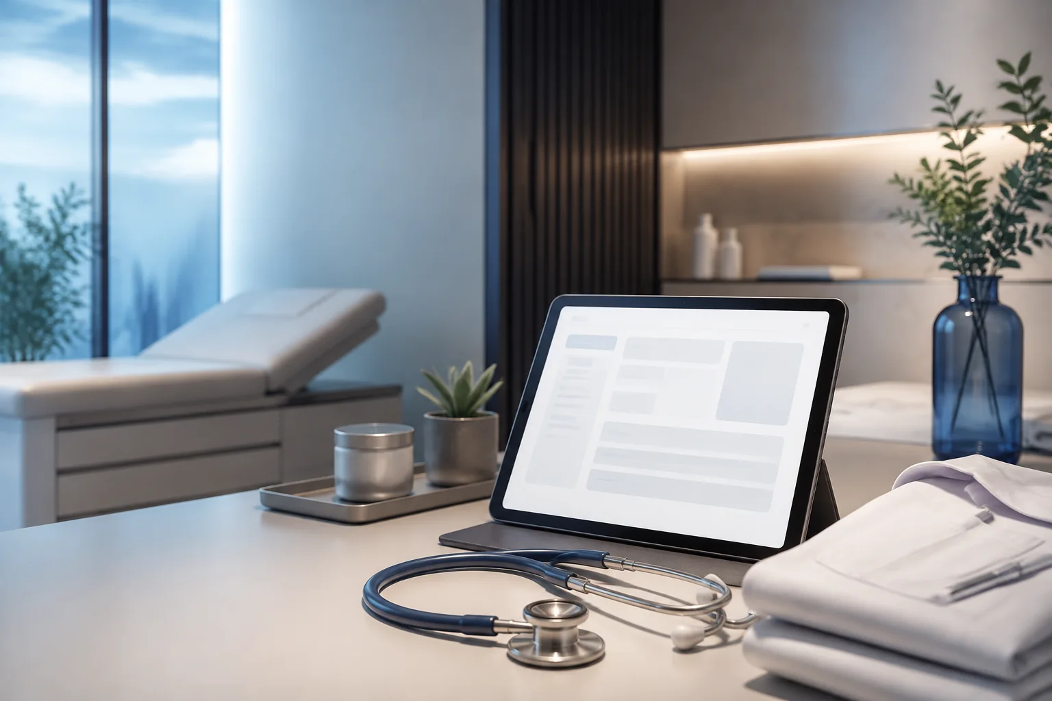 Ruang konsultasi klinik modern dengan tablet booking dan stetoskop