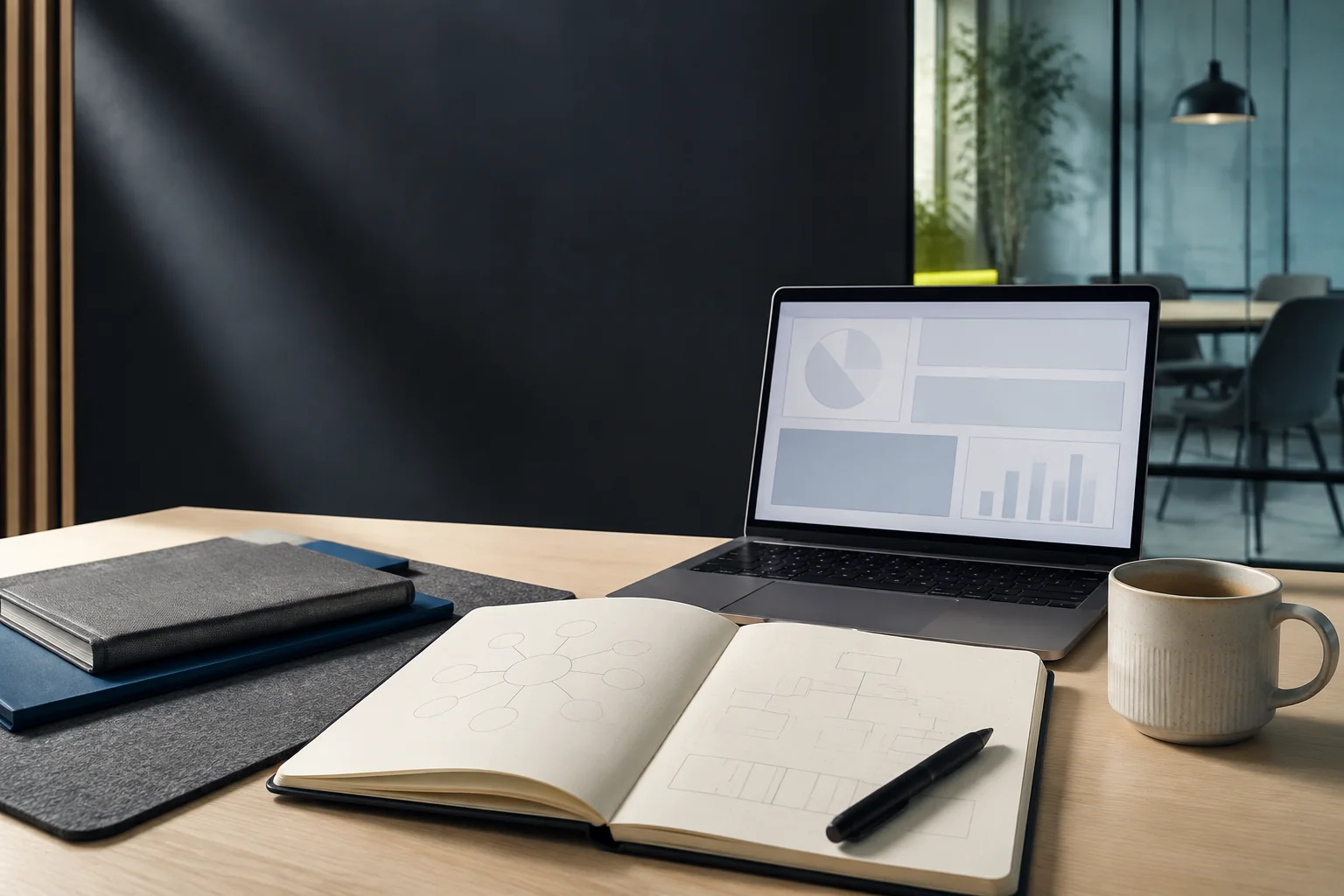 Workspace konsultan dengan laptop dashboard strategi, notebook, dan ruang meeting