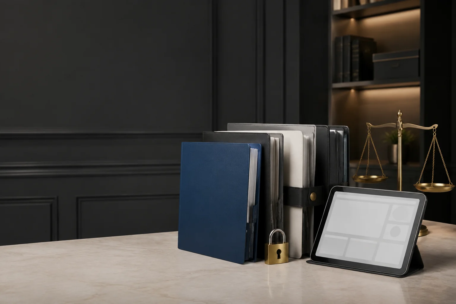 Meja layanan legal dengan folder dokumen, timbangan keadilan, gembok, dan tablet tracking