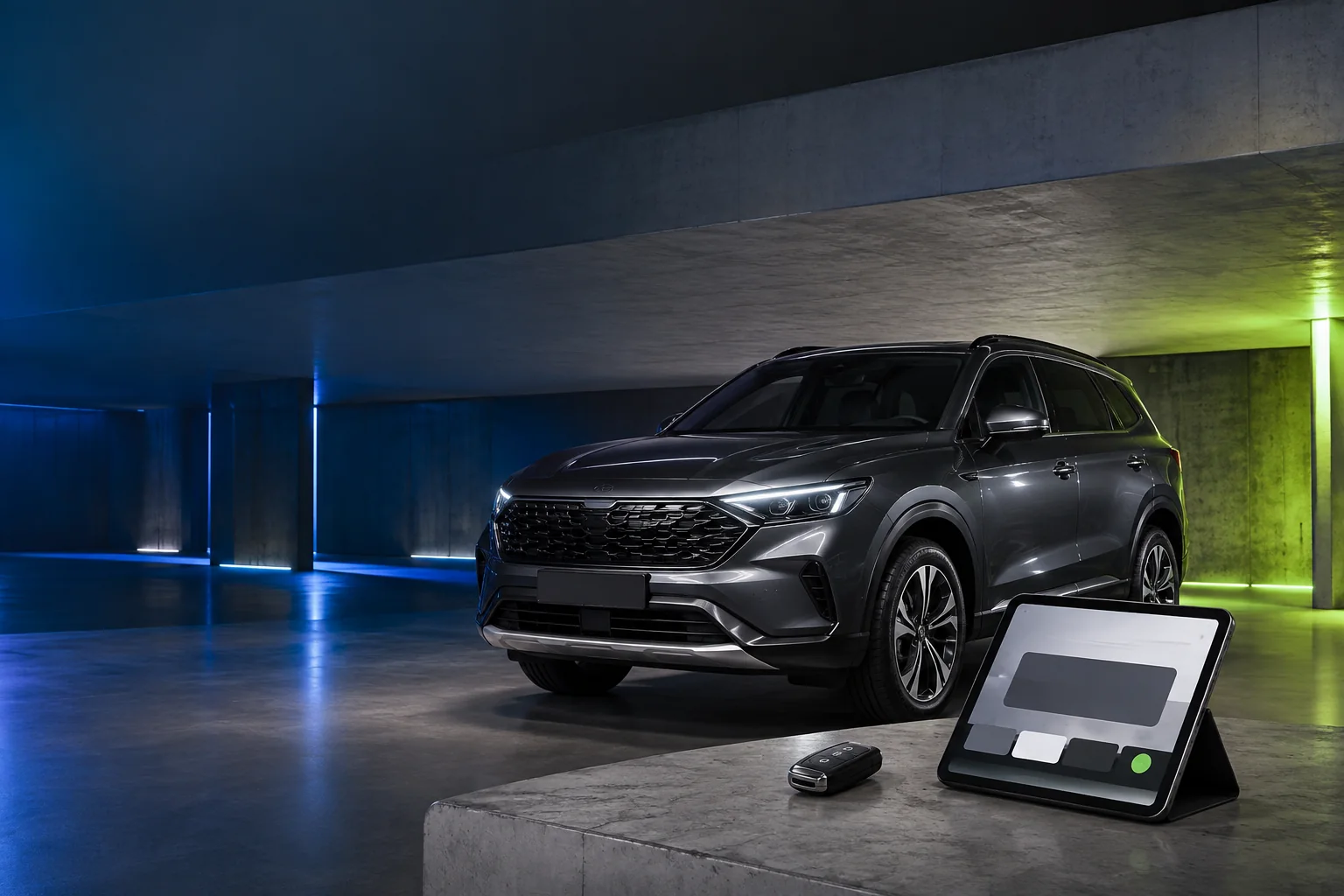 Interior gelap dengan SUV premium, tablet booking, dan kunci mobil untuk layanan rental mobil