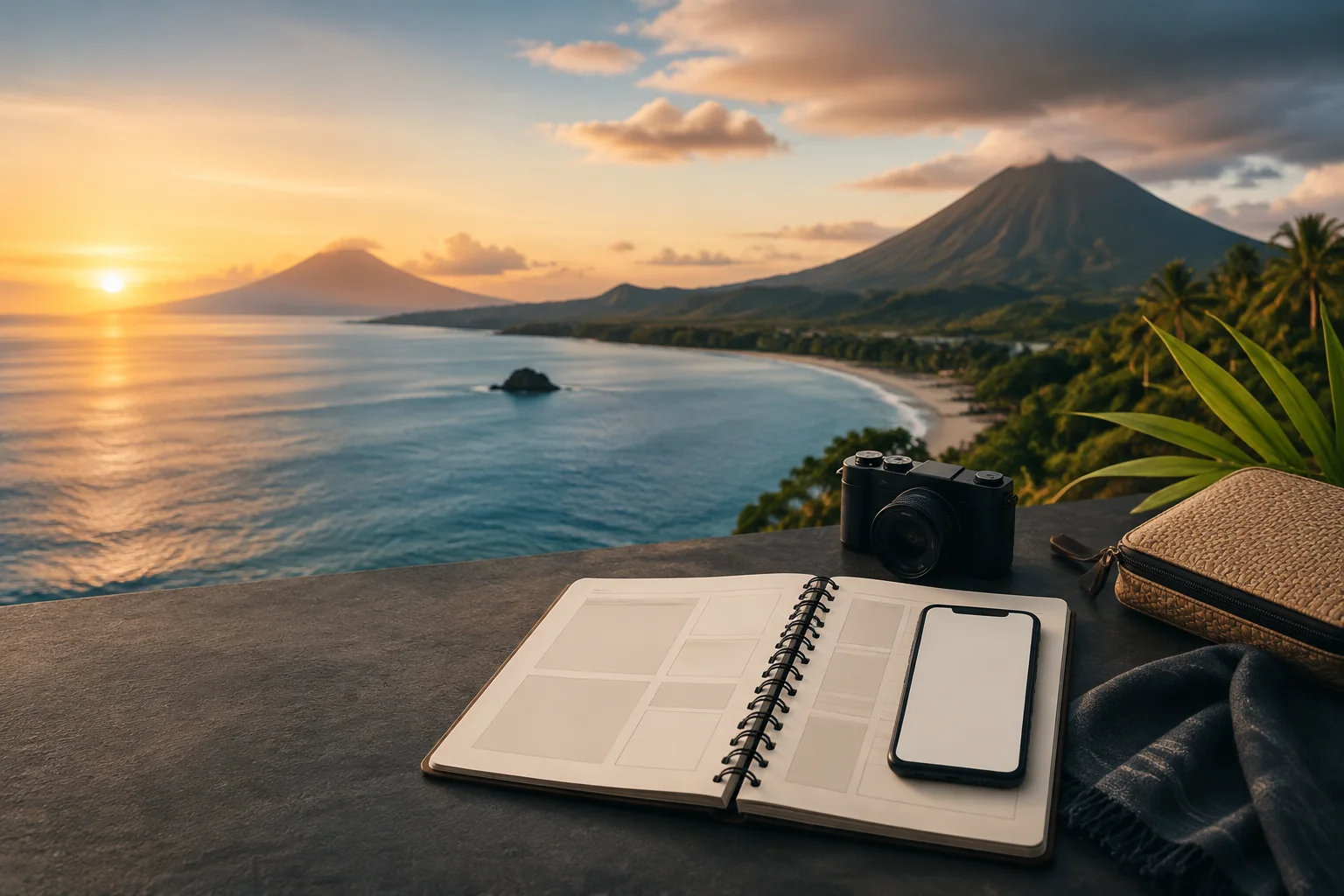 Pemandangan kepulauan Indonesia dengan itinerary dan smartphone untuk layanan tour travel