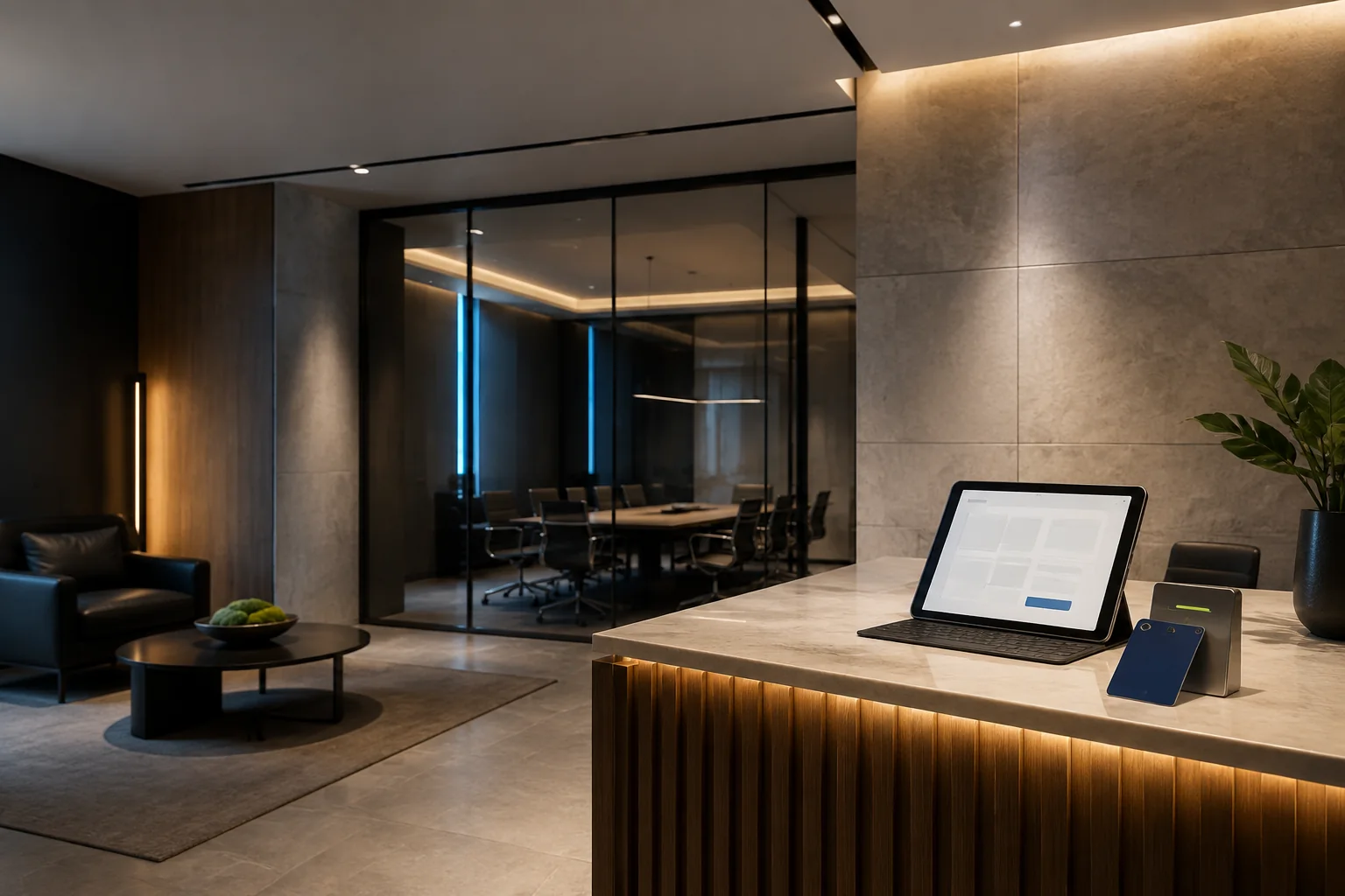 Lounge virtual office premium dengan ruang meeting, tablet booking, dan access card