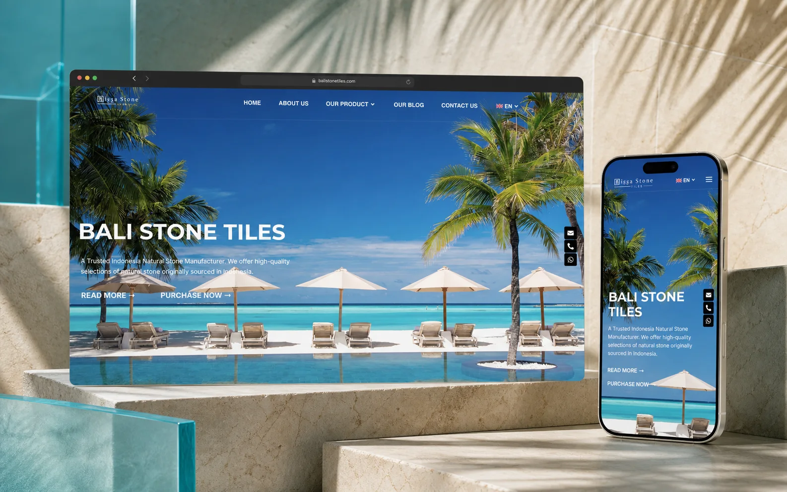 Showcase website Bali Stone Tiles pada tampilan desktop dan mobile