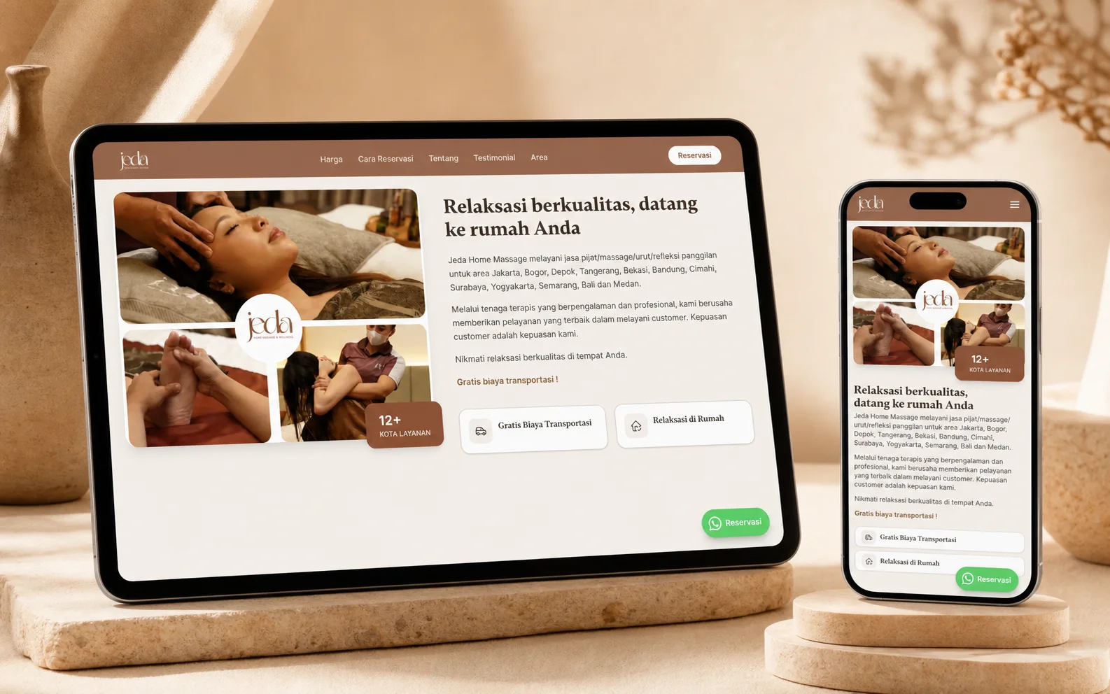 Showcase aplikasi Jeda Home Massage pada tampilan desktop dan mobile