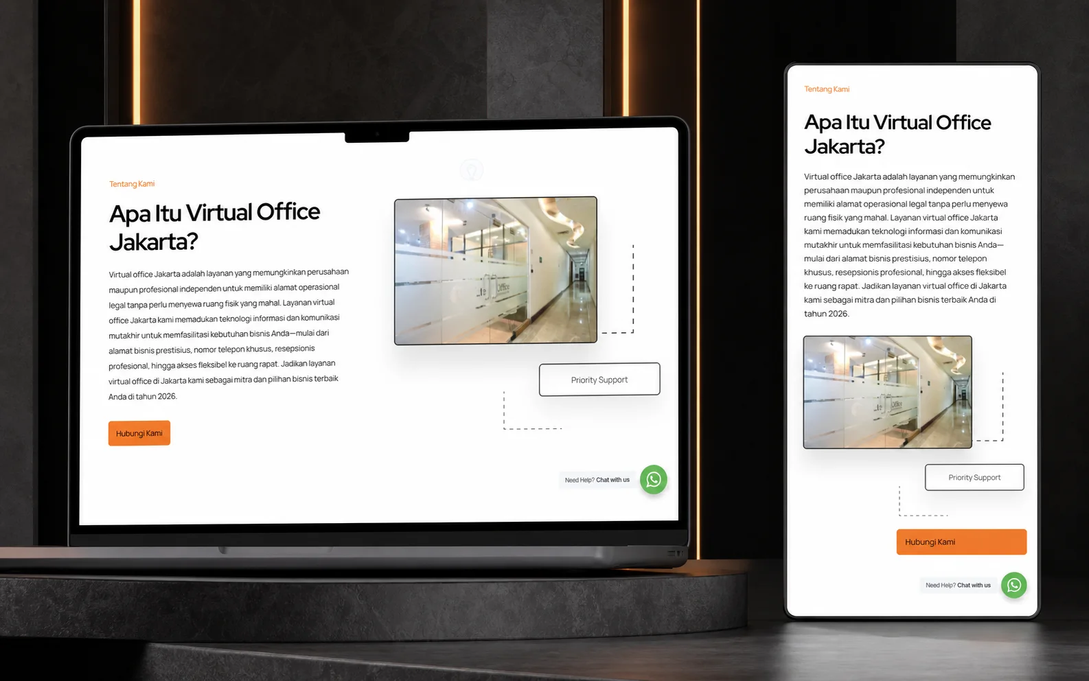 Showcase website Prioffice pada tampilan desktop dan mobile