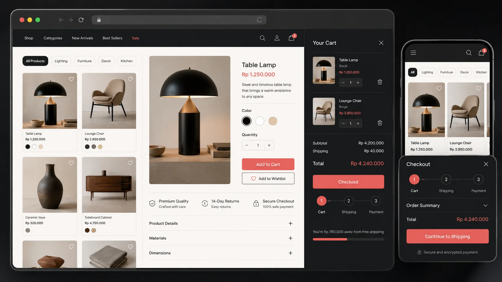 Pengalaman toko online dengan etalase produk, detail produk, keranjang, dan checkout