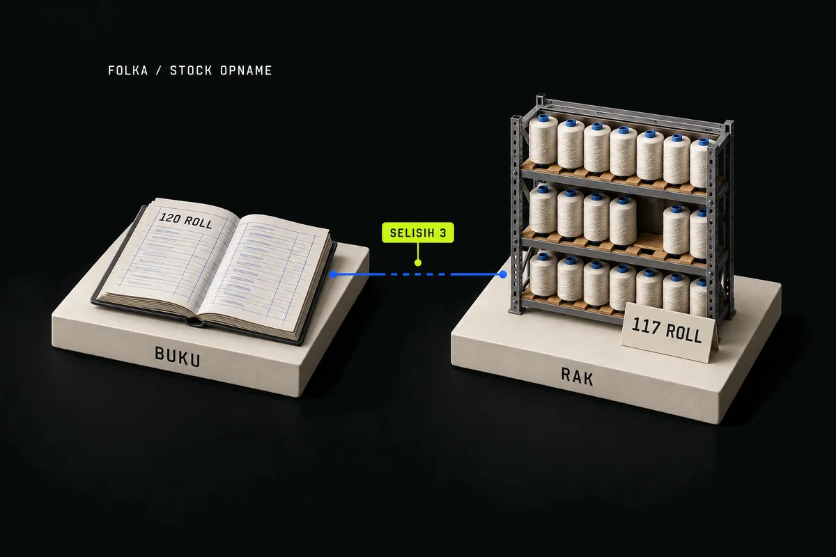 Selisih stock opname: buku mencatat 120 roll benang, rak hanya berisi 117 roll