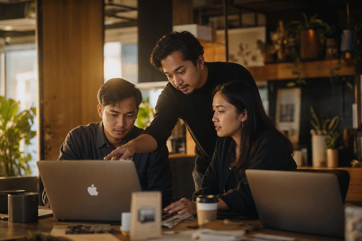 Contoh mockup desain halaman utama website company profile di laptop dan ponsel