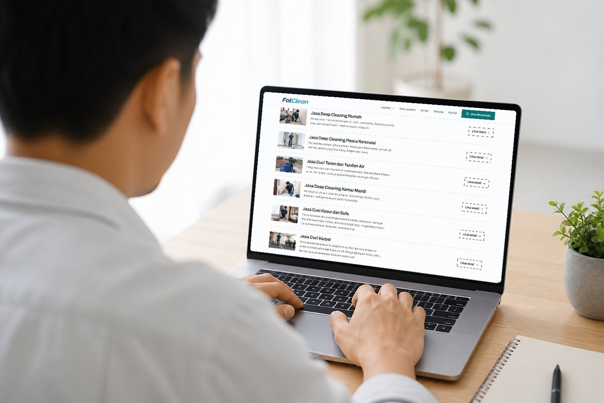 Halaman layanan FolClean di layar laptop