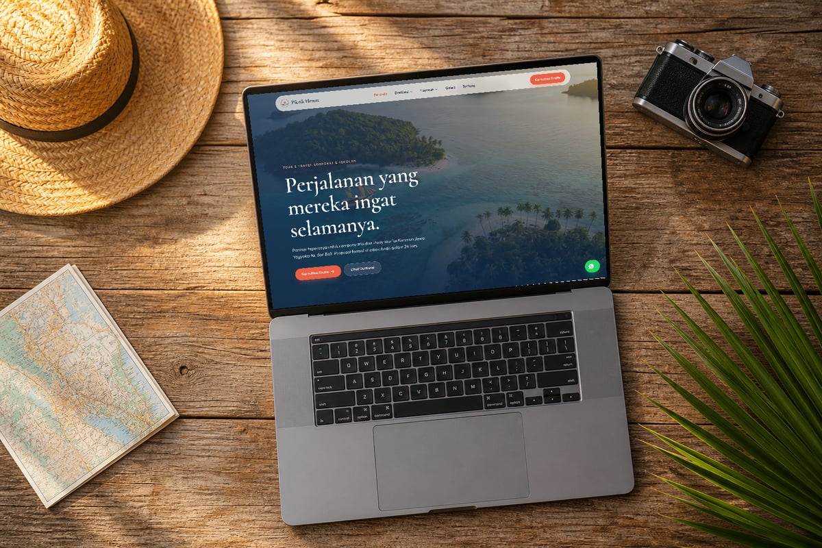 Beranda Piknik Hemat di laptop, dilihat dari atas meja kayu