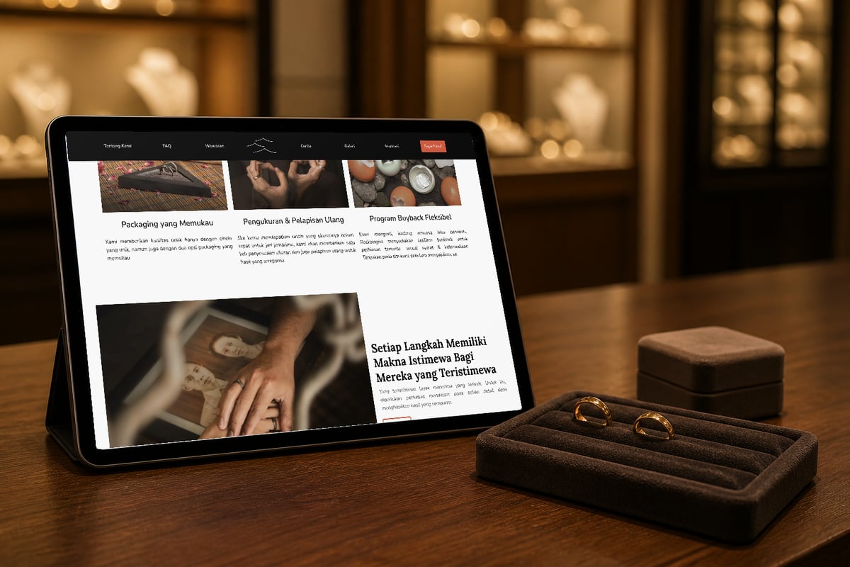 Halaman keunggulan Rockologist di tablet, di meja konsultasi butik perhiasan