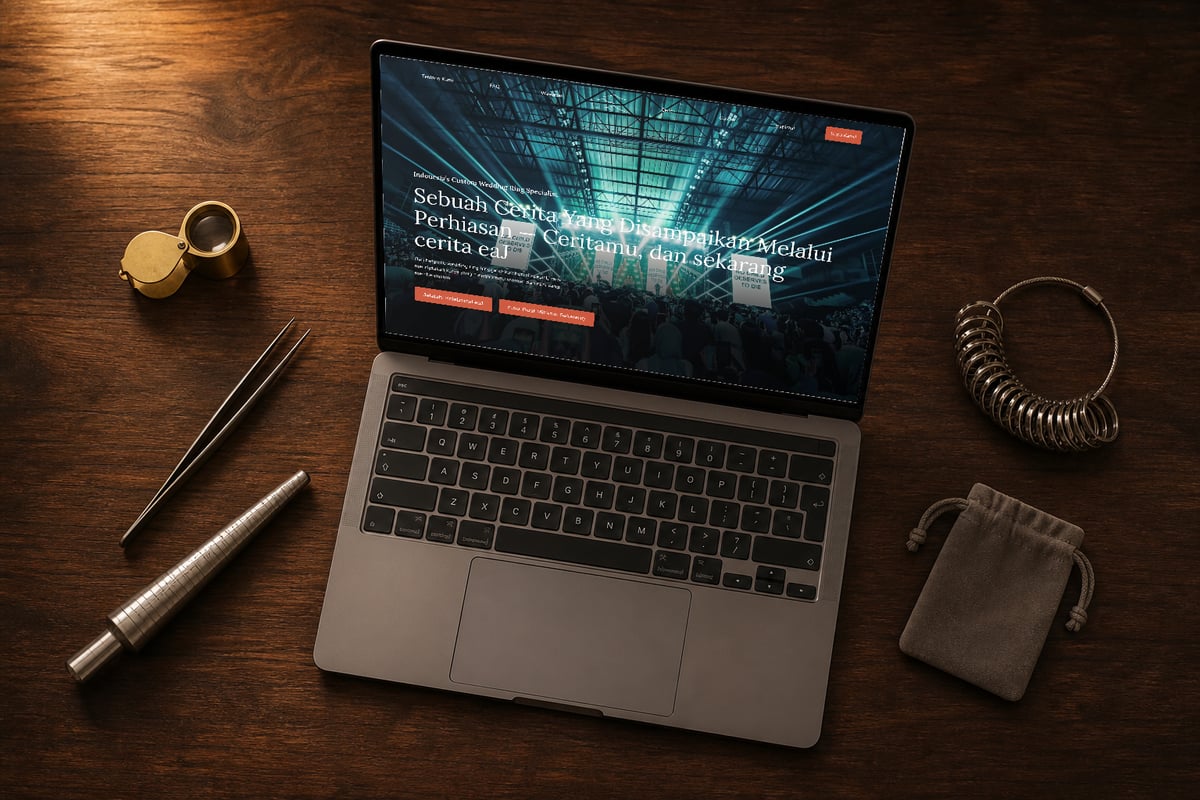 Beranda Rockologist di laptop, dilihat dari atas meja kerja walnut