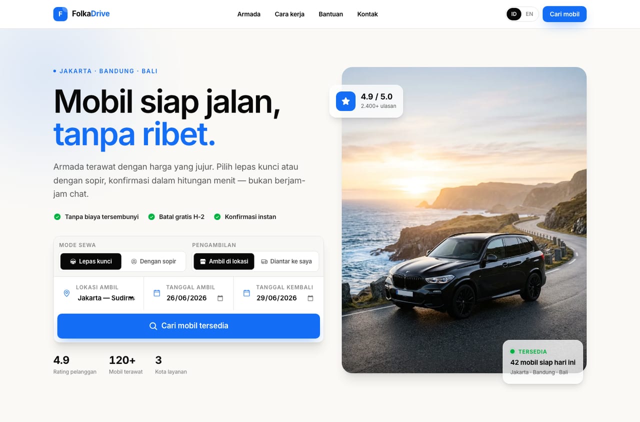 Tampilan website rental mobil: halaman booking dengan pilihan mobil, lokasi, dan tanggal sewa