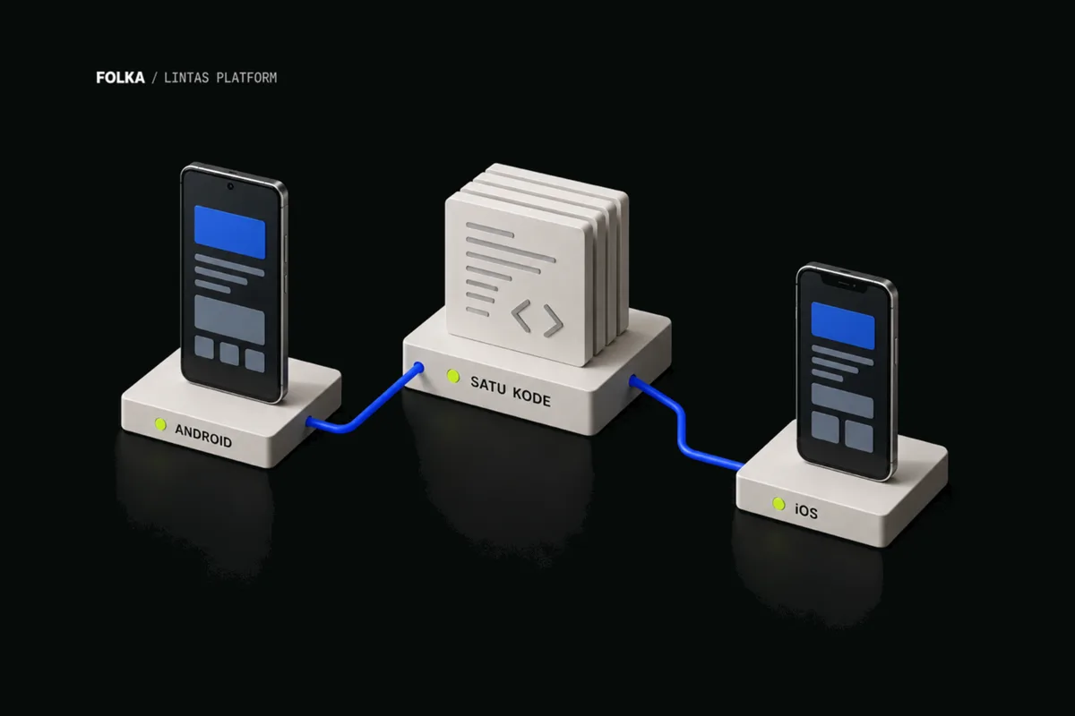 Ilustrasi satu modul kode di tengah yang terhubung ke ponsel Android dan iOS