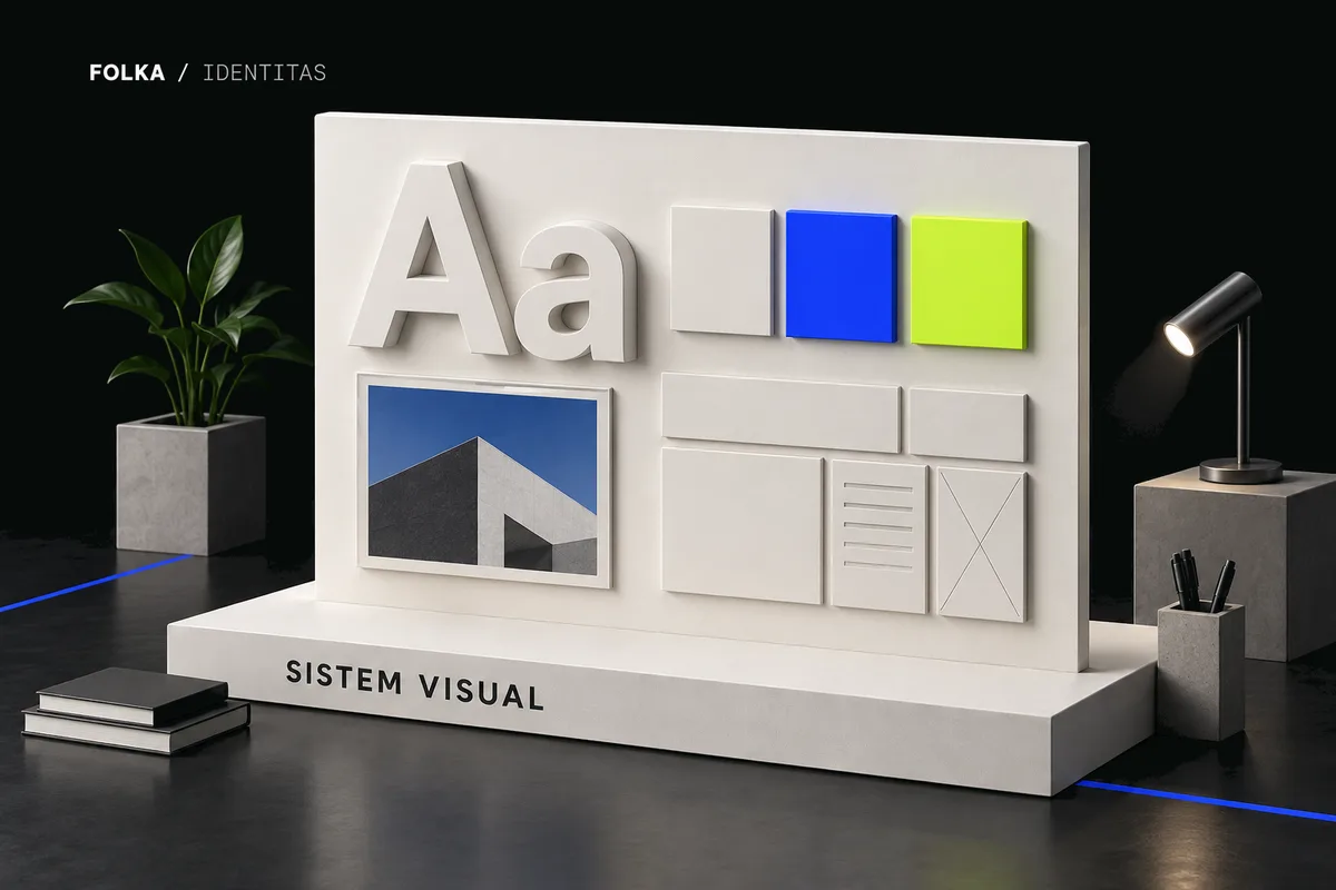 Ilustrasi papan sistem visual berisi tipografi Aa, palet warna, foto, dan grid tata letak