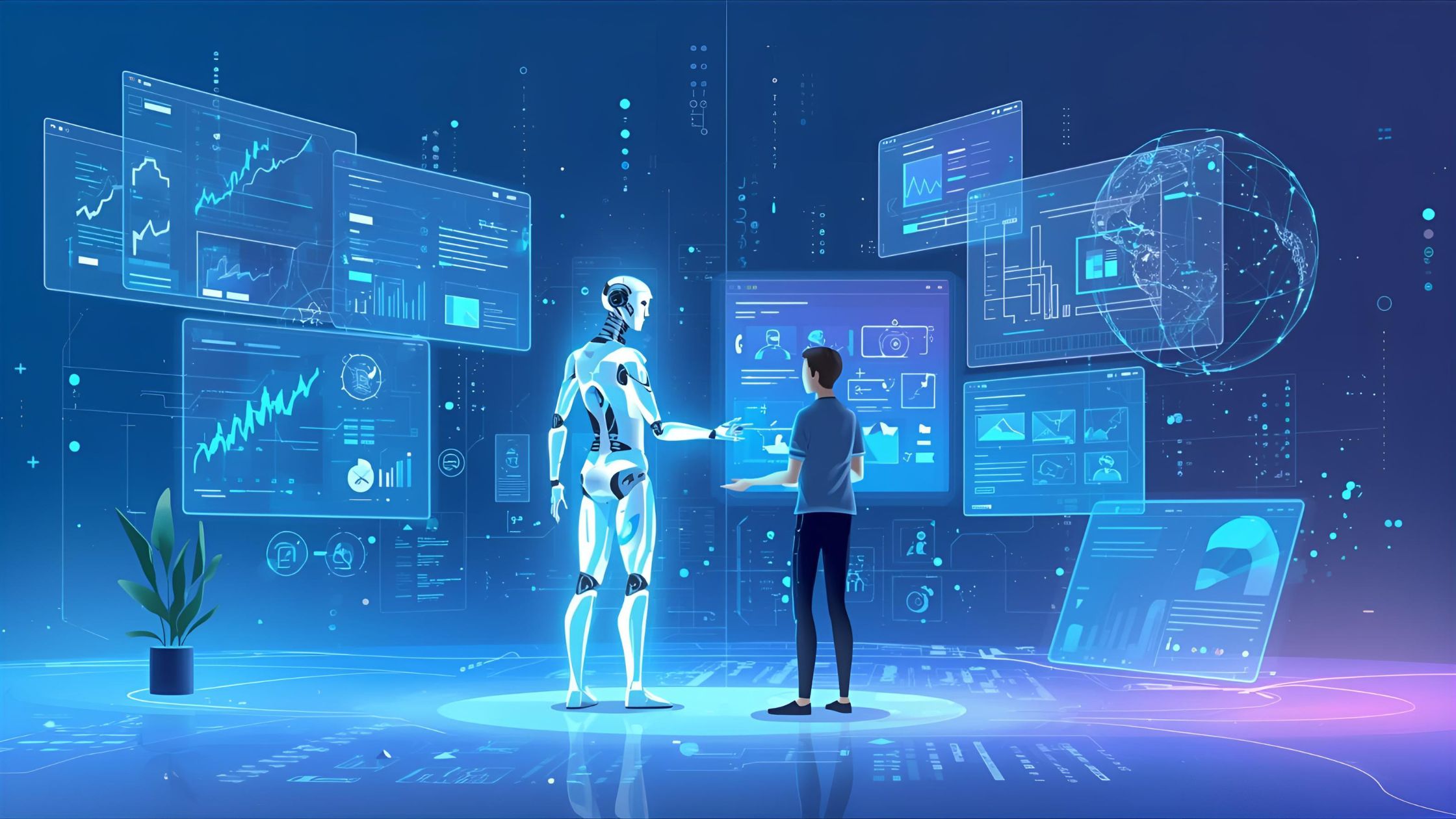 Futuristic illustration showing AI and a human web designer collaborating with holographic website interfaces, symbolizing how artificial intelligence is changing the future of web design.