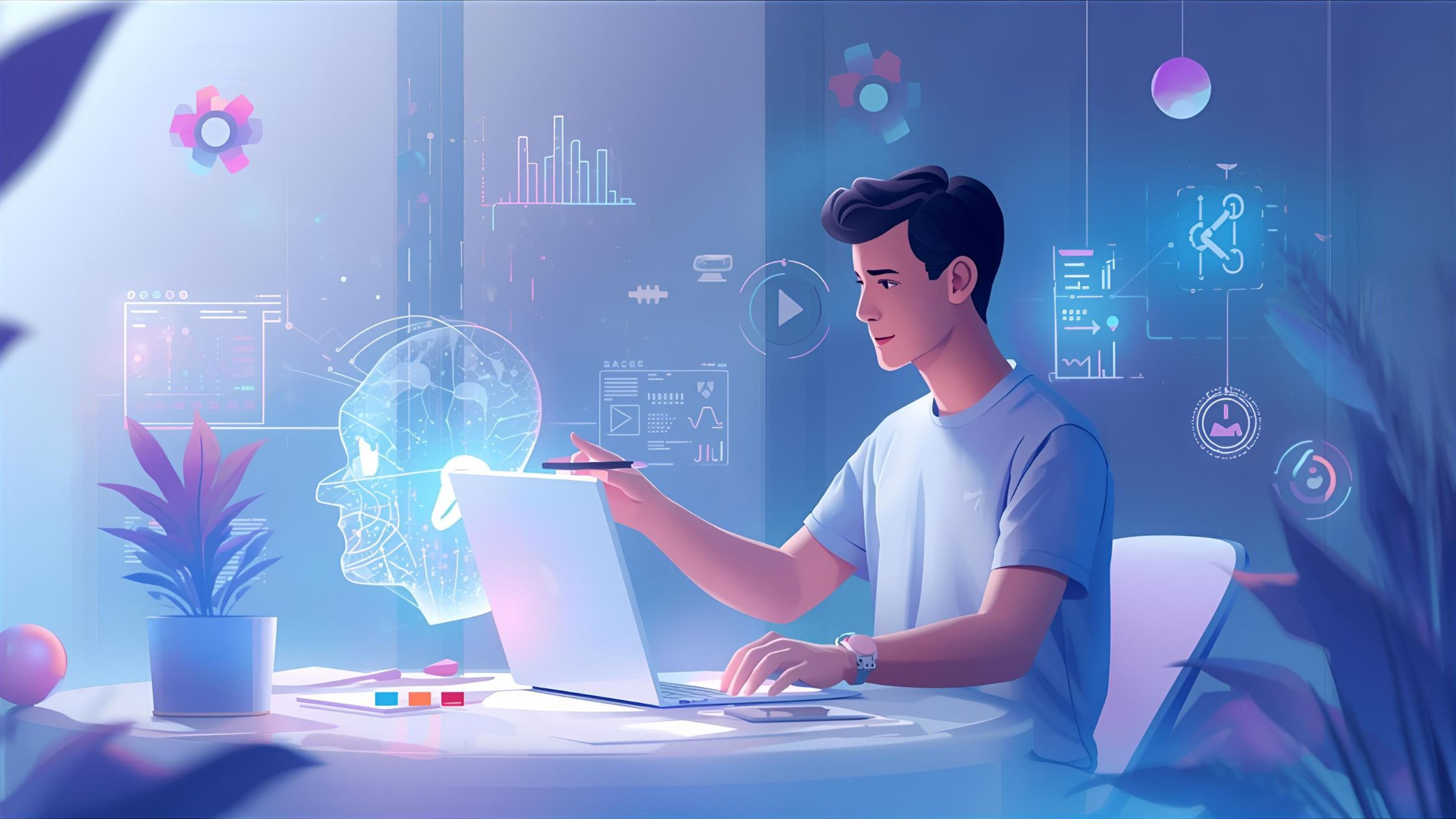 Futuristic illustration showing a designer collaborating with an AI assistant in a creative digital workspace, symbolizing how artificial intelligence is revolutionizing the design process.
